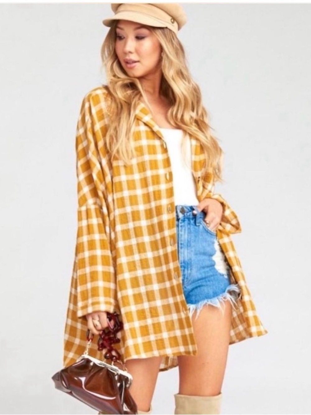 Show Me Your MuMu Lorolie Oversized Tunic Gold/Cream Plaid Sz Small